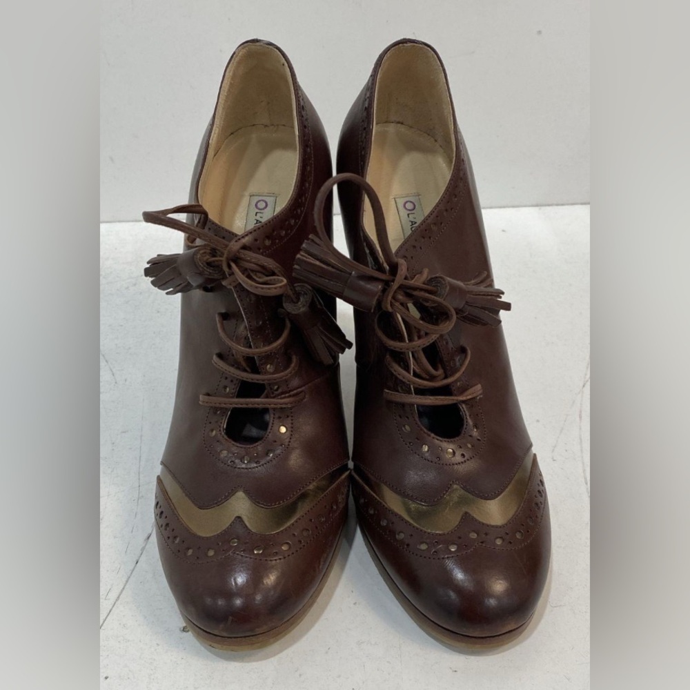 Brown Leather Wingtip Heel Oxford with Gold Accent - Picture 6 of 6